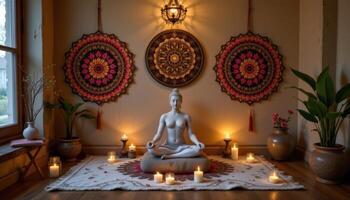 a meditation corner adorned with flower mandalas and candlelight photo