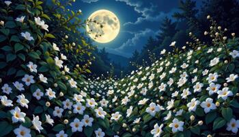 a full moon illuminating an overgrown garden of night blooming jasmine photo
