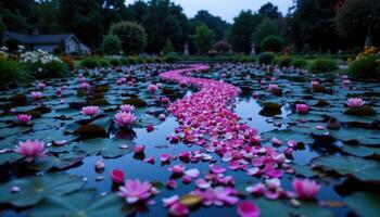 a floating trail of petals leading across a lily covered pond at dusk photo
