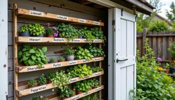 a series of labeled herb and flower drying racks in a quiet garden shed photo