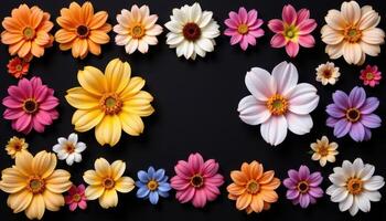 a set of colorful blooms arranged in gradient order across a black background photo