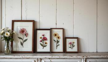 a shelf of pressed flower frames leaning against a whitewashed wall photo