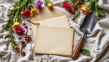 a still life arrangement of heirloom flower seeds, vintage envelopes, and a small trowel on linen photo