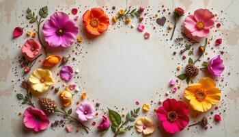 a top down layout of floral themed stamps, pins, and dried petals photo