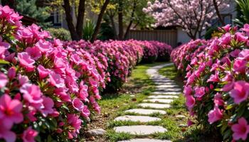 a winding trail marked by stepping stones and lined with blooming azaleas photo