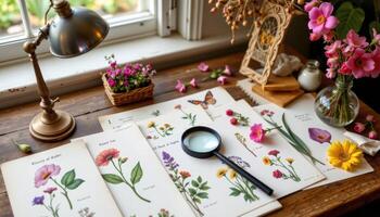 a small desk covered in botanical drawings, a magnifying glass, and real bloom samples photo