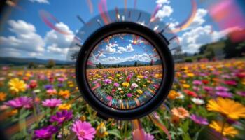 a wildflower strewn field viewed through a vintage kaleidoscope lens photo