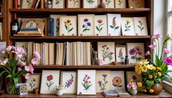 a shelf of botanical sketchbooks surrounded by real flower samples photo