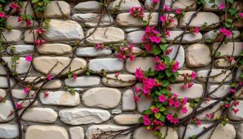 a stone wall with flower vines woven through every crack and crevice photo