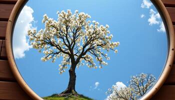 a large circular mirror reflecting only a blooming tree overhead photo