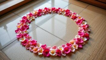 a peaceful zen corner with flower petals arranged in a perfect circle photo
