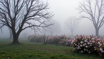 a foggy morning scene with ghostly outlines of blooming bushes photo