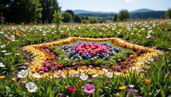 a meadow where flowers form natural geometric shapes in their growth patterns photo