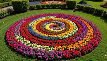 a low flower bed in the shape of a spiral galaxy photo