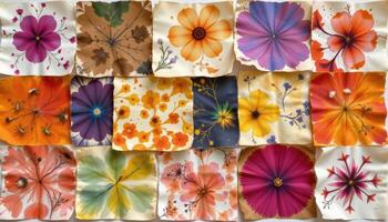 a collection of hand dyed paper using flower pigments laid out to dry photo
