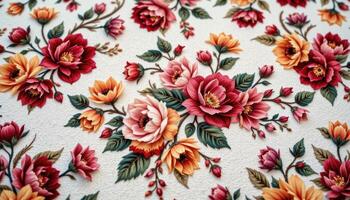 a floral print rug nearly hidden under real scattered petals photo