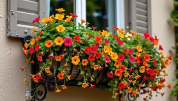 a balcony planter overflowing with nasturtiums cascading over the railing photo