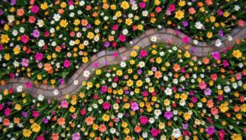 a bird's eye view of a meadow where flower colors shift in ripples like waves photo