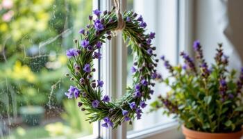 a handmade wreath of lavender and rosemary drying in a window photo