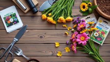 a flatlay of garden tools, seed packets, and spilled flowers on a wooden table photo