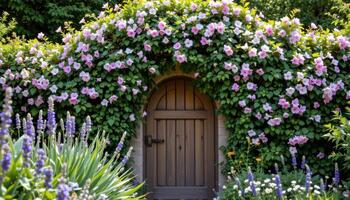 a garden gate nearly hidden by a dense arch of lavender and honeysuckle photo