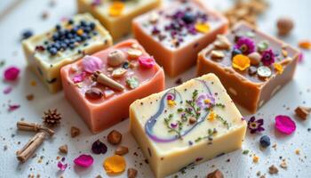 a collection of handmade soaps embedded with flower petals and herbs photo