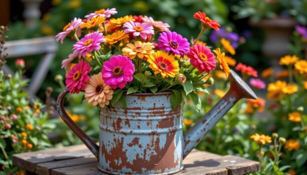 a rusted watering can overflowing with fresh picked zinnias and cosmos photo