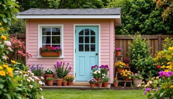 a pastel colored garden shed with flower pots stacked in organized rows photo