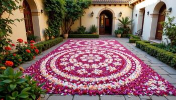 a courtyard mosaic made entirely of freshly plucked petals in symmetrical patterns photo