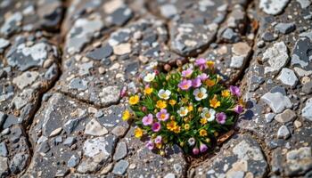 a collection of tiny alpine flowers growing in the cracks of a weathered mountain stone photo