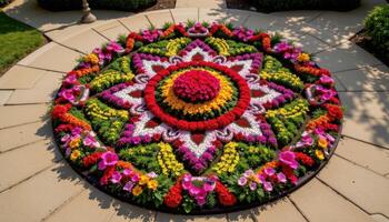 a flowerbed designed as a traditional mandala viewed from above photo