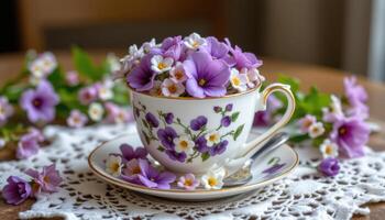 a teacup overfilled with violets and chamomile blossoms on a white lace cloth photo