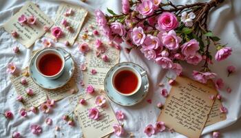 a tabletop still life of scattered blossoms, half filled tea cups, and old letters photo