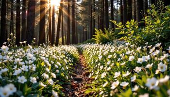a path of white flowers glowing beneath a canopy of tall dark fir trees photo