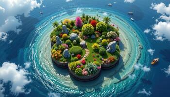 a flower shaped island seen from above, covered in diverse plant life photo