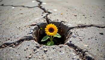 a single sunflower growing defiantly through a crack in a concrete lot photo