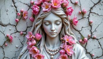 a cracked marble statue draped in garlands of fresh blossoms photo