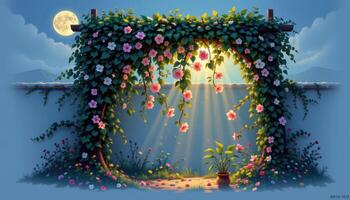 a moonlit trellis casting shadows of blooming vines on the ground below photo