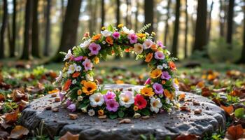 a wreath of wildflowers resting on a stone circle deep in the forest photo