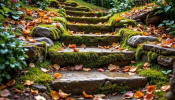 a set of old garden stairs softened by age and thick layers of moss and petals photo