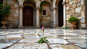a lone flower growing between two marble tiles in an ancient courtyard photo