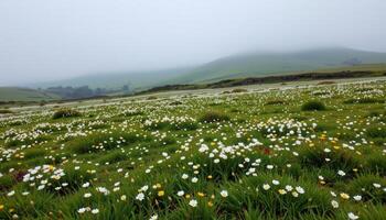 a fog covered moor where tiny white flowers dot the landscape like stars photo