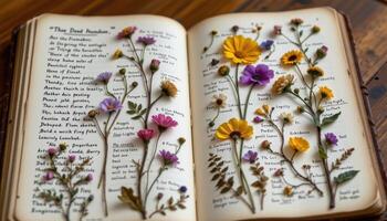 a handmade herbarium filled with carefully labeled pressed flowers and notes photo