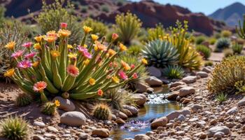 a desert oasis where cactus blooms in radiant color beside a trickling spring photo