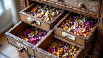 a set of aged wood drawers labeled and filled with dried blossoms sorted by year photo