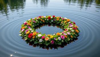 a floating circular raft made entirely from flowers drifting on a quiet lake photo