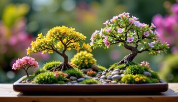 a miniature bonsai garden with micro scale flowering trees photo