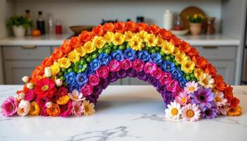 a full spectrum of flowers arranged like a rainbow on a marble countertop photo