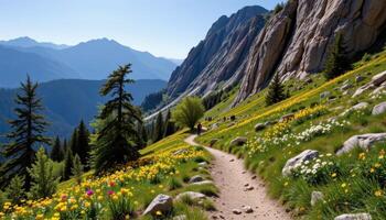 a mountain trail lined with low growing wildflowers and high cliffs photo