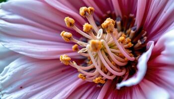 a close up of pollen covered stamens surrounded by soft, layered petals photo